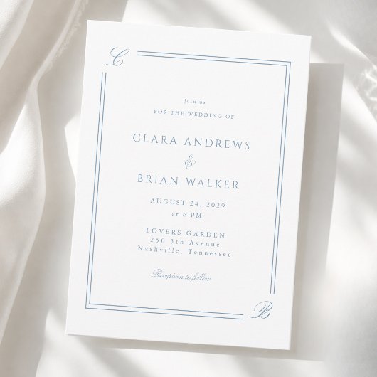 Invitation Mariage Élégant Monogramme Blanc Bordure Bleue