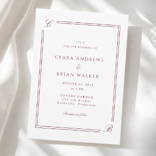 Invitation Mariage Élégant Monogramme Blanc Bordure Bourgogne