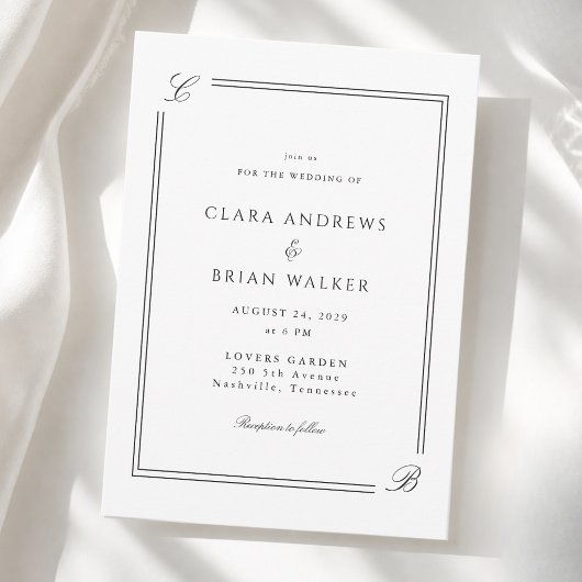 Invitation Mariage Élégant Monogramme Blanc Bordure Noire