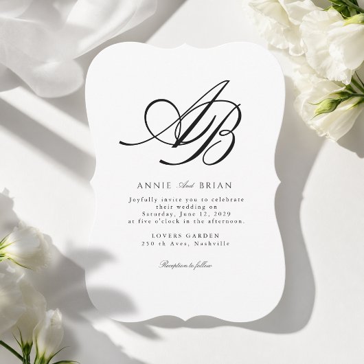 Invitation Mariage Élégant Monogramme Blanc Noir