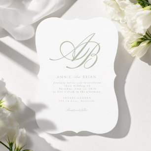 Invitation Mariage élégant Monogramme Blanc Vert