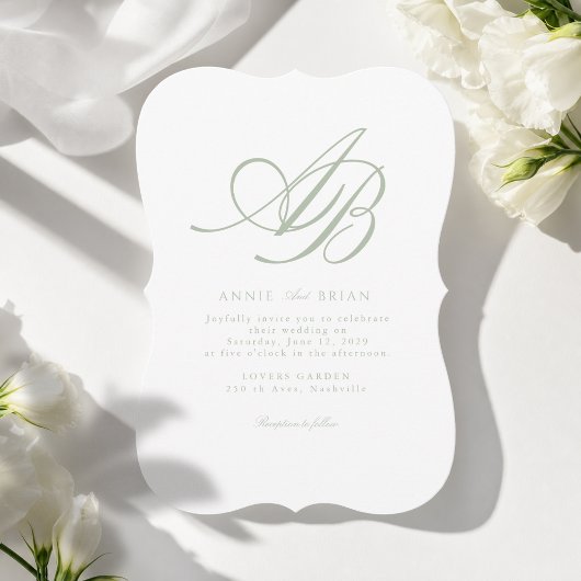 Invitation Mariage élégant Monogramme Blanc Vert