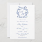 Invitation Mariage Élégant Monogramme Bleu Poussiéreux Blason (Devant)