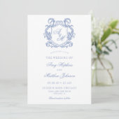 Invitation Mariage Élégant Monogramme Bleu Poussiéreux Blason (Debout devant)