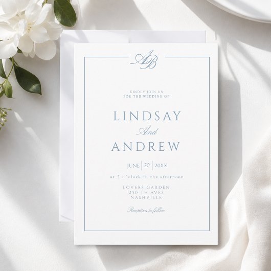 Invitation Mariage Élégant Monogramme Bordure Blanc Bleu