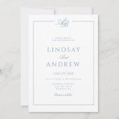 Invitation Mariage Élégant Monogramme Bordure Blanc Bleu (Devant)
