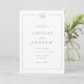 Invitation Mariage Élégant Monogramme Bordure Blanc Bleu (Debout devant)