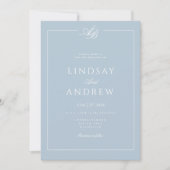 Invitation Mariage Élégant Monogramme Bordure Bleu Blanc (Devant)