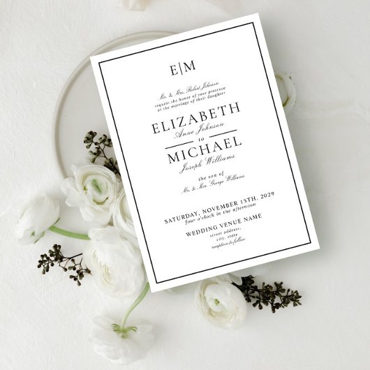 Invitation Mariage Élégant Monogramme Classique Blanc Noir