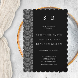 Invitation Mariage Élégant Monogramme de Dentelle Noir et Bla