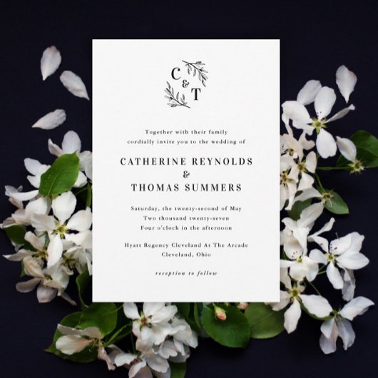 Invitation Mariage Élégant Monogramme Feuillage