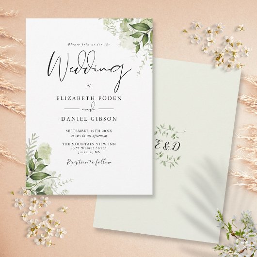 Invitation Mariage Élégant Monogramme Feuillage Végétal Rusti