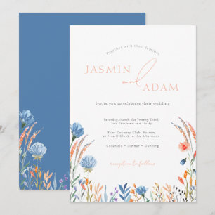 Invitation Mariage Élégant Monogramme Fleur Sauvage Bleu Oran
