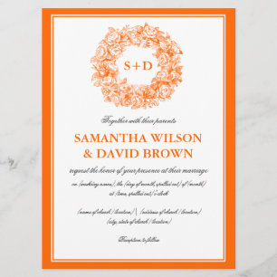 Invitation Mariage élégant Monogramme floral Vintage Orange