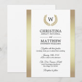 Invitation Mariage élégant monogramme laurier en or blanc (Devant / Derrière)