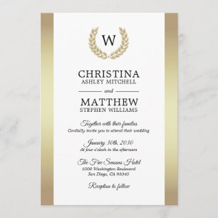 Invitation Mariage élégant monogramme laurier en or blanc