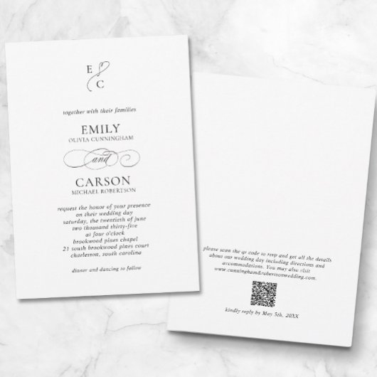 Invitation Mariage élégant Monogramme moderne Logo QR Code