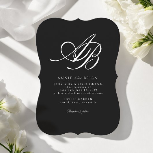 Invitation Mariage Élégant Monogramme Noir Blanc