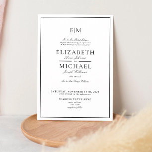 Invitation Mariage Élégant Monogramme Noir Blanc