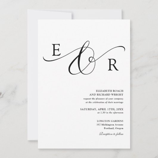 Invitation Mariage élégant monogramme noir et blanc Script (Devant)