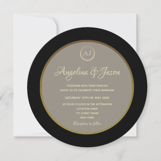 Invitation Mariage élégant Monogramme noir et or (Devant)