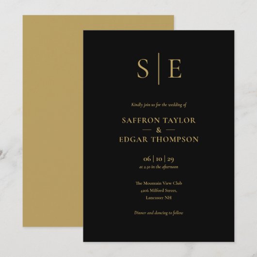 Invitation Mariage Élégant Monogramme Noir et Or (Devant / Derrière)