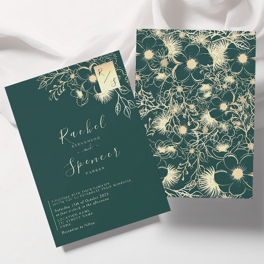 Invitation Mariage Élégant Monogramme Or Émeraude