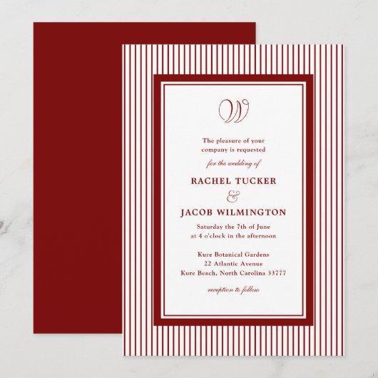 Invitation Mariage élégant monogramme rayé rouge foncé (Devant / Derrière)
