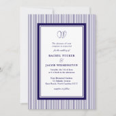 Invitation Mariage élégant monogramme rayures bleu foncé (Devant)