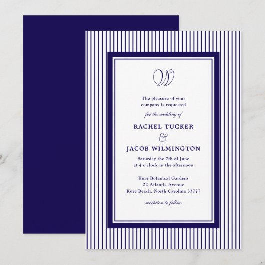 Invitation Mariage élégant monogramme rayures bleu foncé (Devant / Derrière)