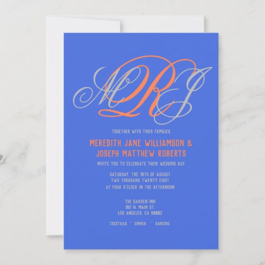 Invitation Mariage Élégant Monogramme Royal Blue Grey Coral (Devant)