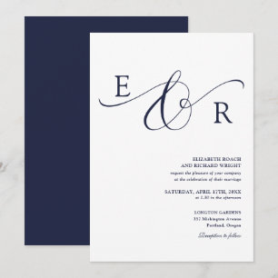 Invitation Mariage Élégant Monogramme Script Bleu Nuit