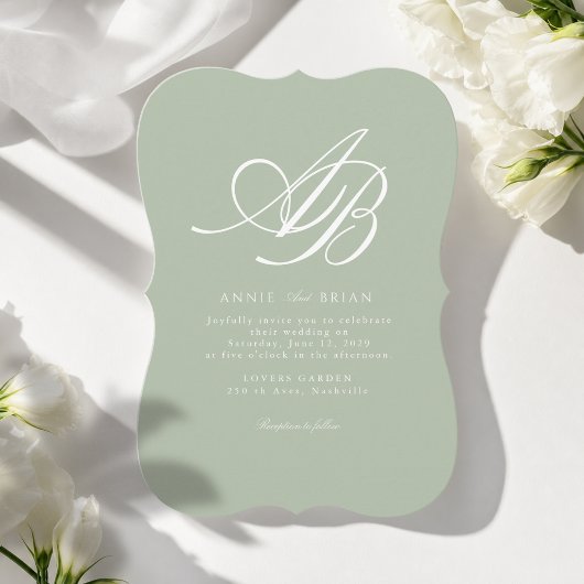 Invitation Mariage élégant Monogramme Vert Blanc