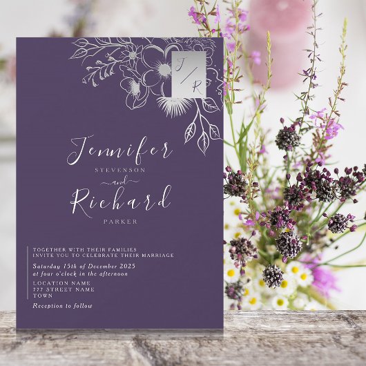 Invitation Mariage élégant Monogramme Violet