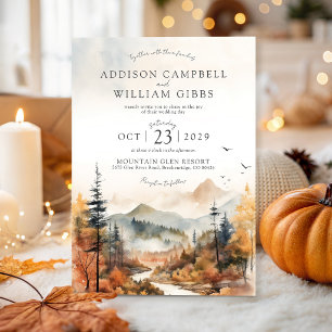 Invitation Mariage Élégant Montagne Aquarelle Automne Rustiqu