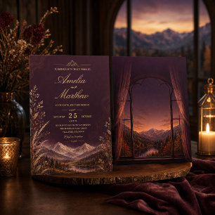 Invitation Mariage Élégant Montagne Fleur de Prunier Sombre