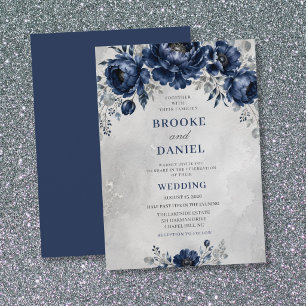 Invitation Mariage élégant Navy Pivoine Anémone Argent