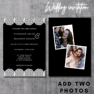 Invitation Mariage Élégant Noir & Blanc 2 Photo Dentelle