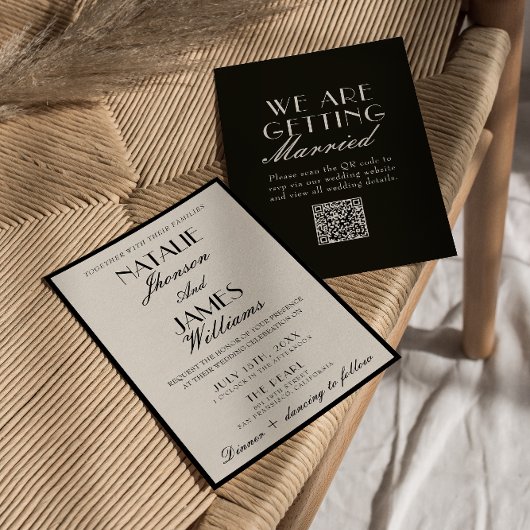 Invitation Mariage élégant noir blanc ancien argent QR Code