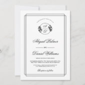 Invitation Mariage élégant noir, branche blanche et initiales (Devant)