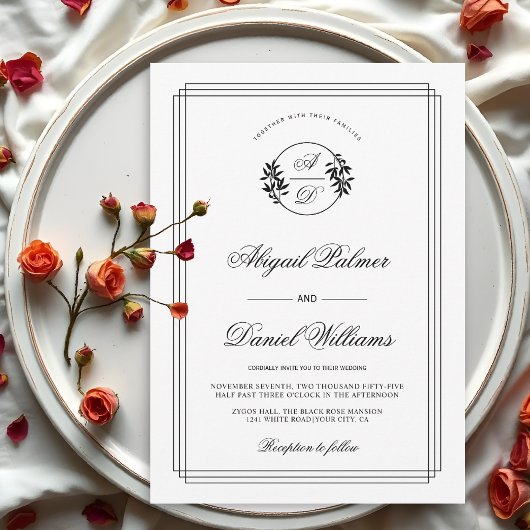 Invitation Mariage élégant noir, branche blanche et initiales