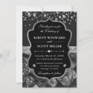 Invitation Mariage Élégant Noir et Argent avec Diamants