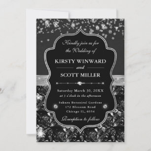 Invitation Mariage Élégant Noir et Argent avec Diamants