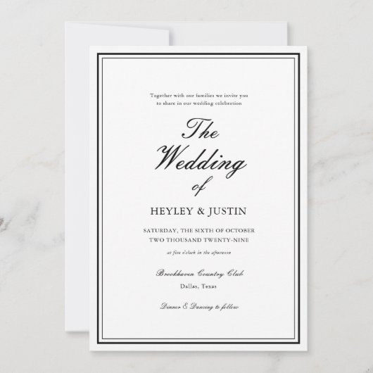 Invitation Mariage Élégant Noir et Blanc Classique (Devant)