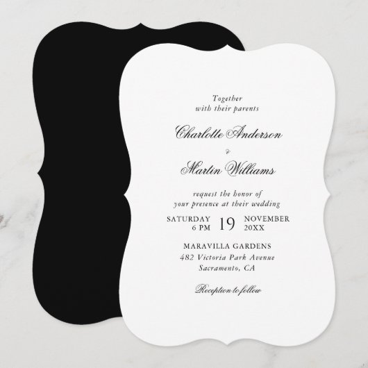 Invitation Mariage élégant noir et blanc en écriture (Devant / Derrière)