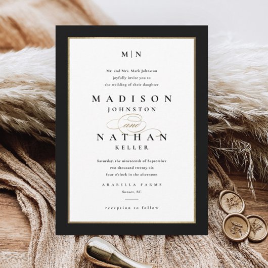 Invitation Mariage Élégant Noir et Or