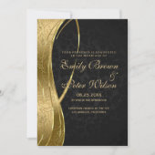 Invitation Mariage élégant noir et or damassé (Devant)
