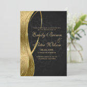 Invitation Mariage élégant noir et or damassé (Debout devant)