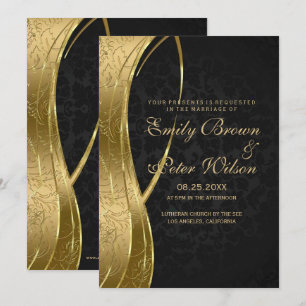 Invitation Mariage élégant noir et or damassé