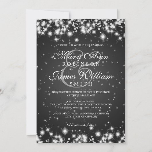 Invitation Mariage élégant Noir étincelant d'hiver (Devant)